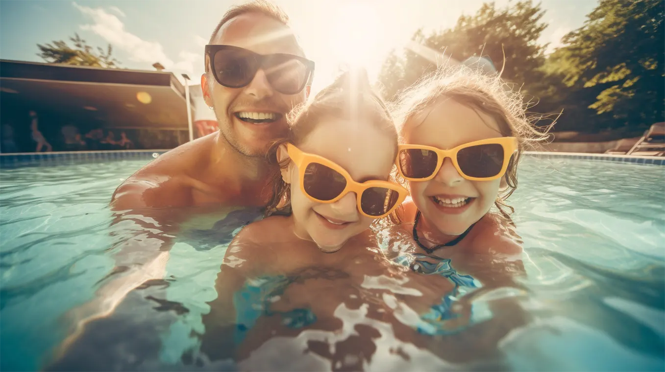 GFK Pool Schwimmbecken mit einer Familie im Garten Zuhause